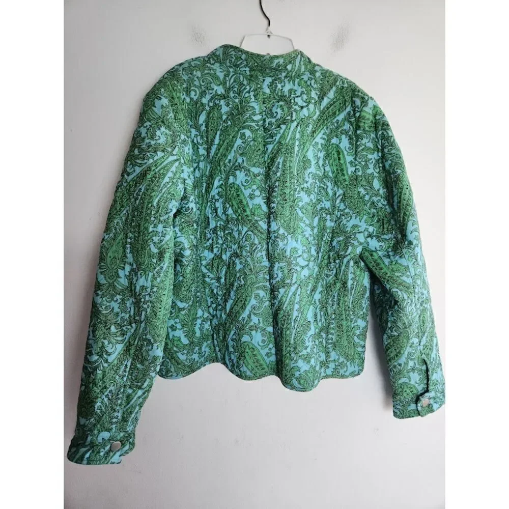 Charter Club Women Teal Green & Blue Floral Quilted Cotton Button Jacket size XL